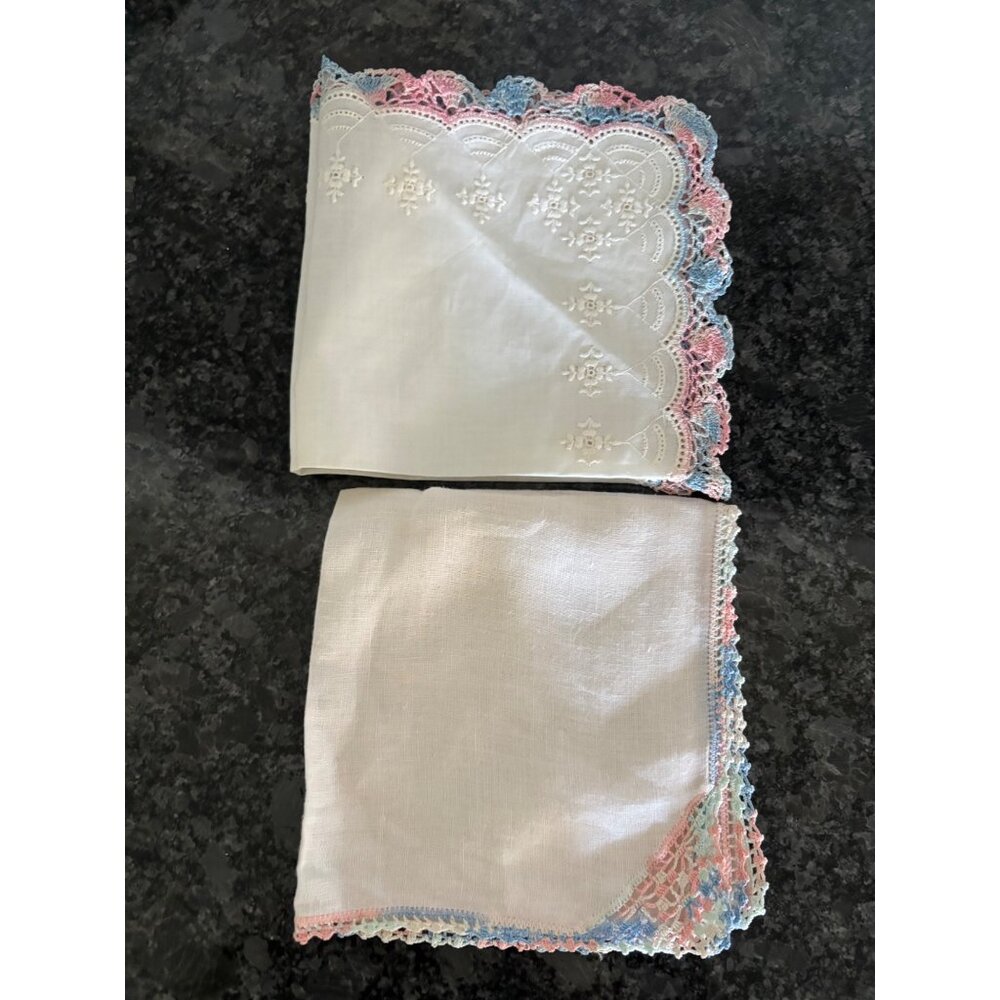 2 Vintage Embroidered Linen Handkerchiefs With Pink & Blue Crochet Lace Edging